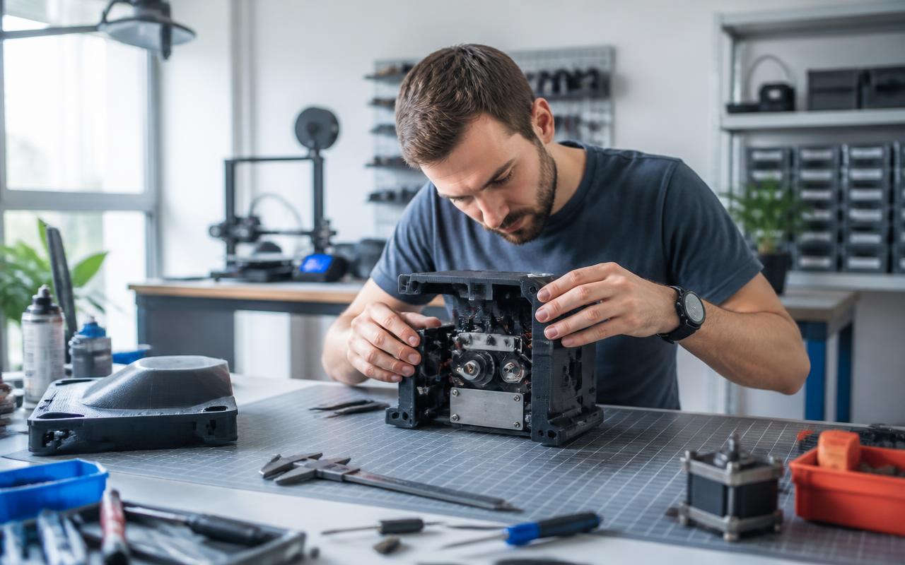 Techniker montiert ein kundenspezifisches Gerät mit 3D gedrucktem Gehäuse an der Werkbank